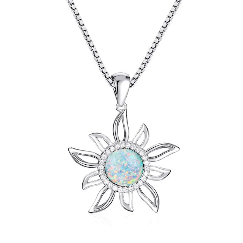 Female Cute Sun Flower Pendant Necklace Blue White Opal Round Stone Necklace Yellow Gold Silver Color Chain Necklaces For Women