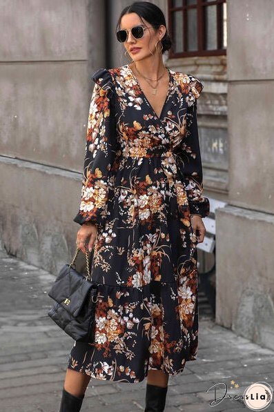 Floral Surplice Tie Front Ruffle Hem Midi Dress