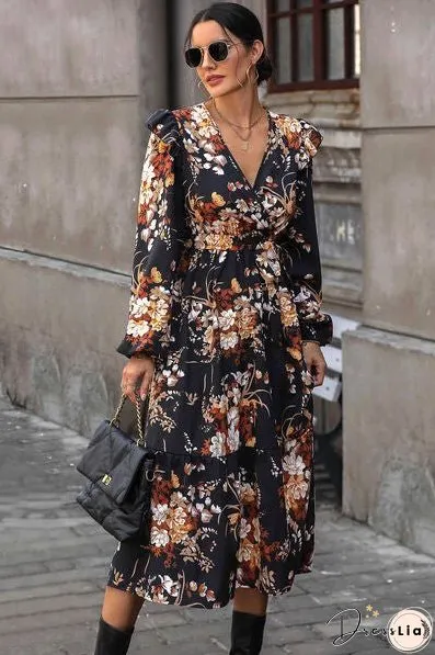 Floral Surplice Tie Front Ruffle Hem Midi Dress