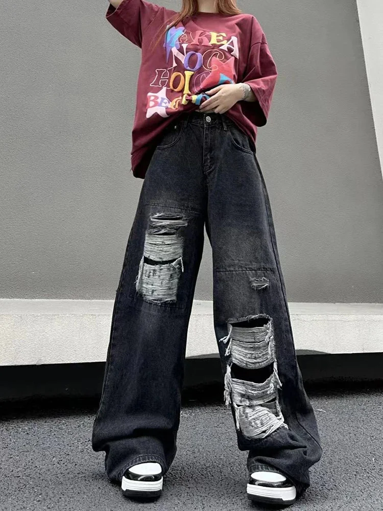 Oocharger Y2K Vintage Black Hole Women Jeans Bf High Waist Hip Hop Ripped Loose Wide Leg Pants Korean Straight Denim Pants New