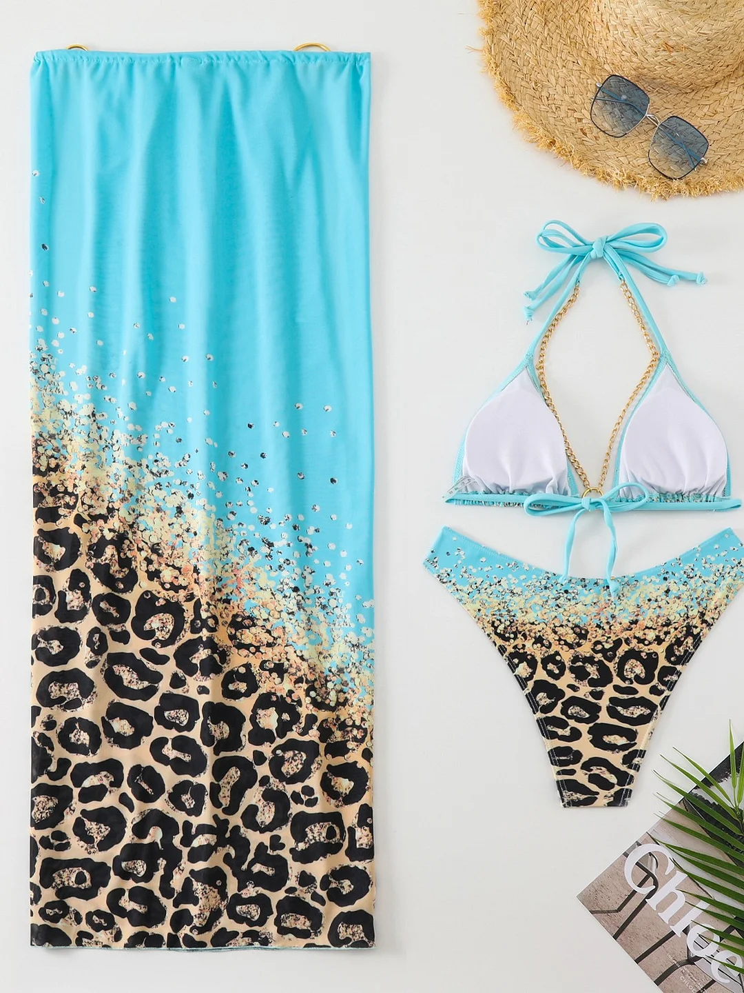 Uveng 2024 New Fixed-Print Leopard Print Three-Piece Mesh Dress Bikini