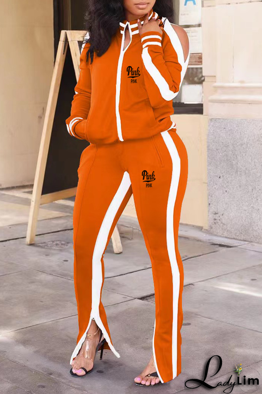 Black Yellow Casual Print Slit Zipper Collar Long Sleeve Two Pieces