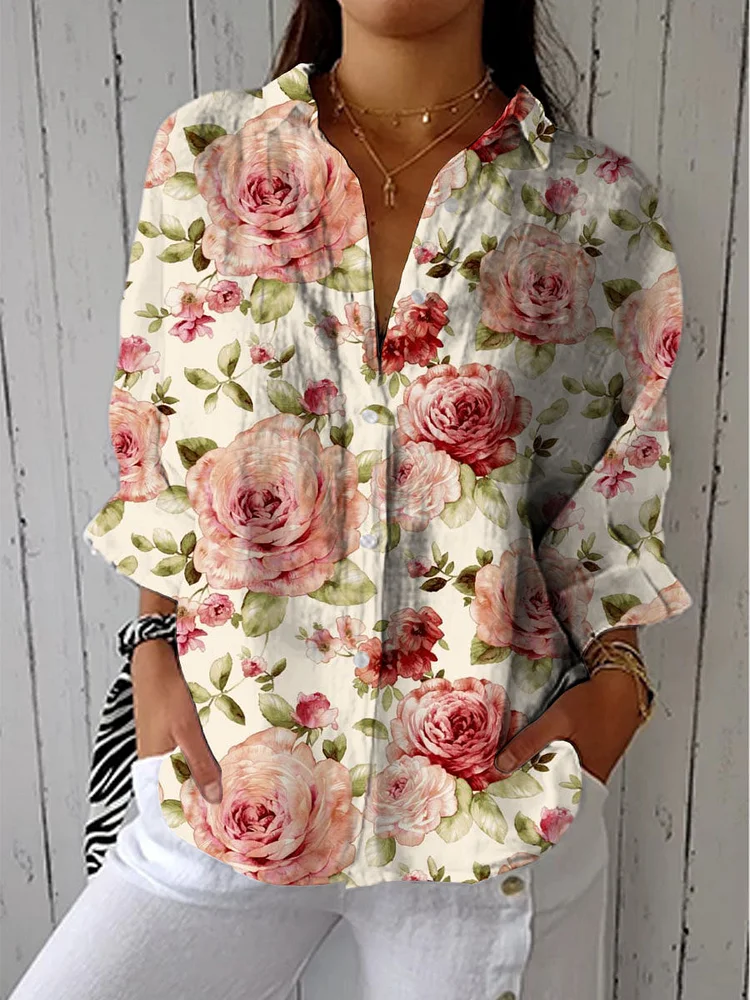 Women's Vintage Floral Art Print Casual Cotton Linen V-neck Shirt
