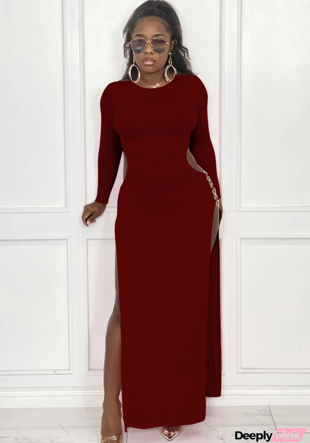 Autumn Formal Red Cut Out Side Slit Keyhole O-Neck Long Party Dress