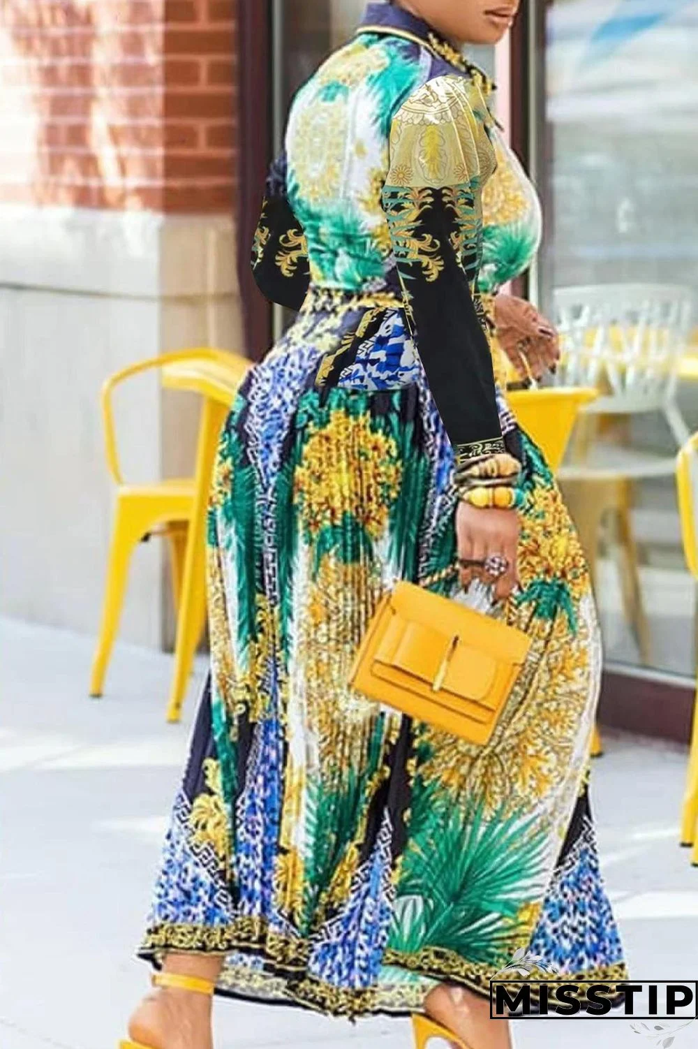 Black Gold Celebrities Elegant Print Printing Turndown Collar Printed Dress Dresses