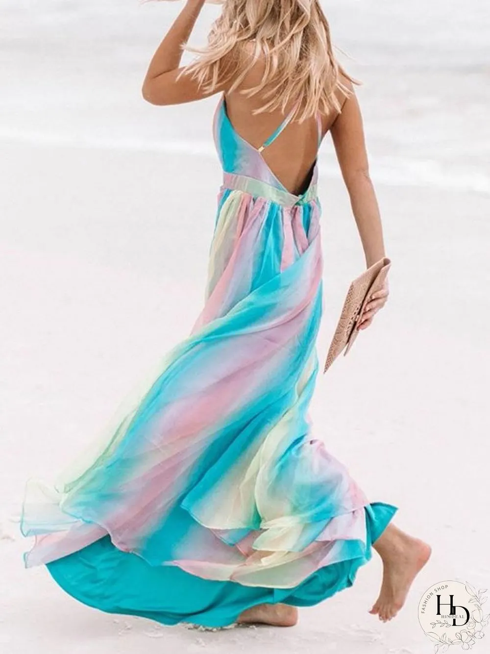 Pretty Colorful Chiffon Backless Maxi Dress P14136