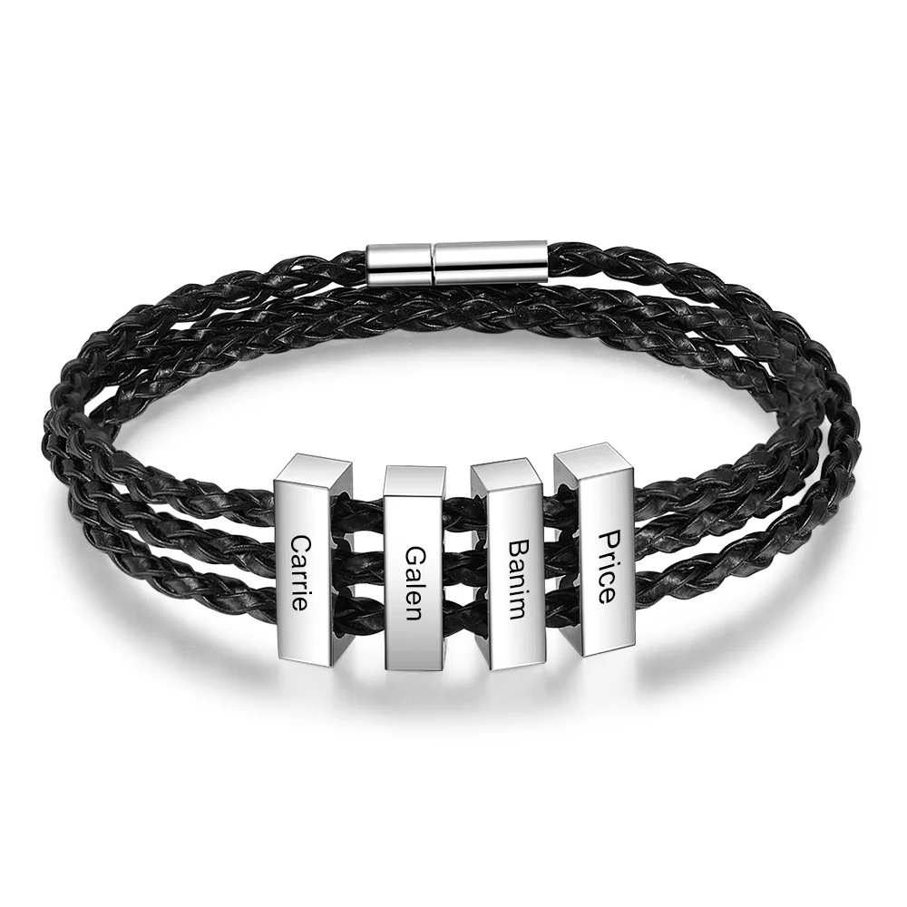 Dreilagiges Armband aus geflochtenem Leder für Herren mit 4 eingraviertem Namen n4 Kettenmachen
