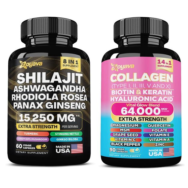 🎁[Free Shipping]Dynamic Vitality Bundle:Shilajit Ashwagandha Rhodiola Rosea Panax Ginseng & Collagen Pills Peptides 14-In-1 Supplement