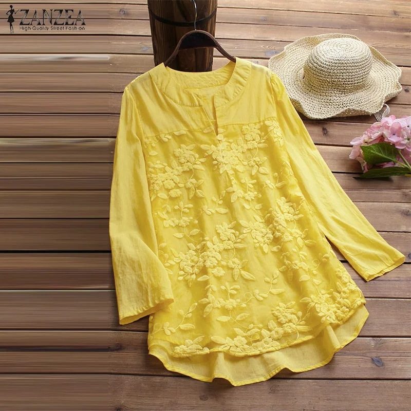 ZANZEA 2022 Spring Women Elegant V Neck Long Sleeve Cotton Linen Tops Casual Vintage Embroidery Loose Party Shirt Work OL Blouse