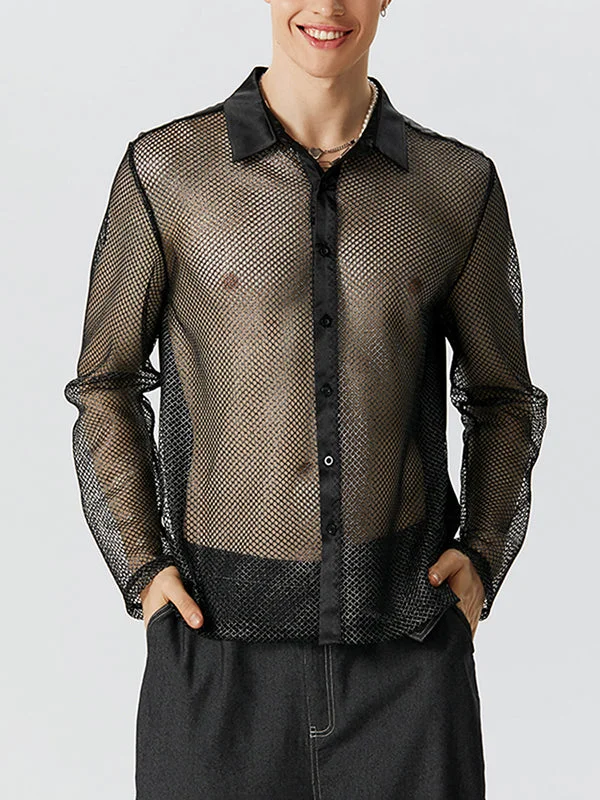 Aonga - Mens Mesh Patchwork See Through Lapel Shirt