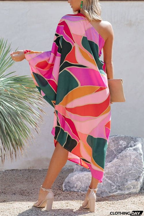Multi Print Asymmetrical One Shoulder Dress