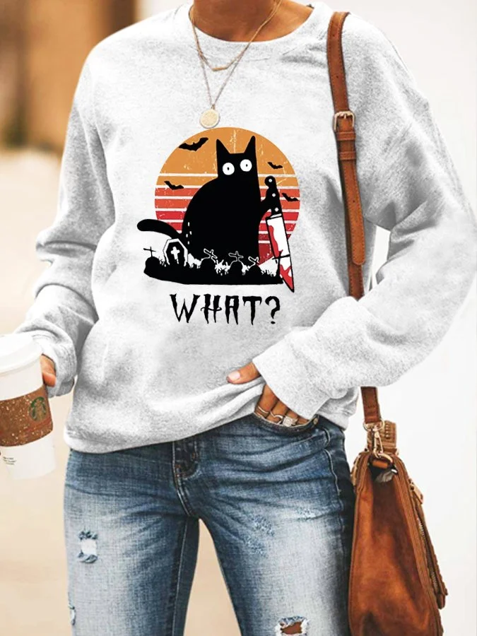 Women's Casual  Halloween "What?" Printed Long Sleeve Top