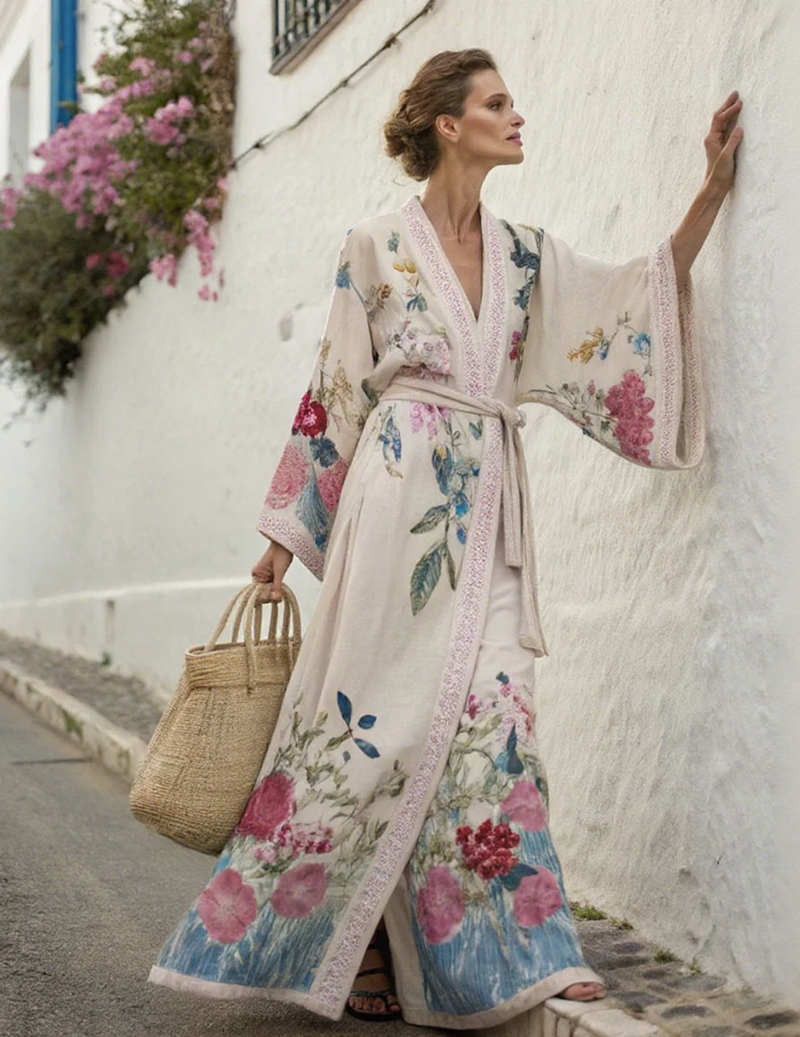 Artistic floral resort pattern kimono robe (with belt)