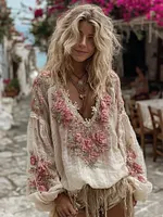 Women's Vintage Pink Floral Art Pattern V-neck Long Sleeve Blouse