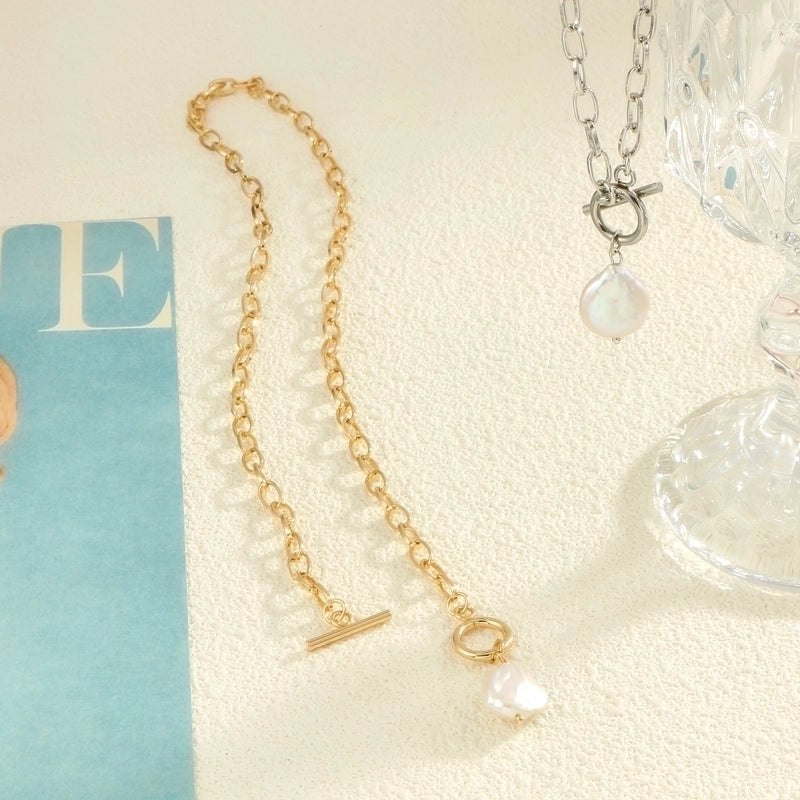 304 Stainless Steel Baroque Pearl White Gold Plated Gold Plated Toggle Geometric Pendant Necklace
