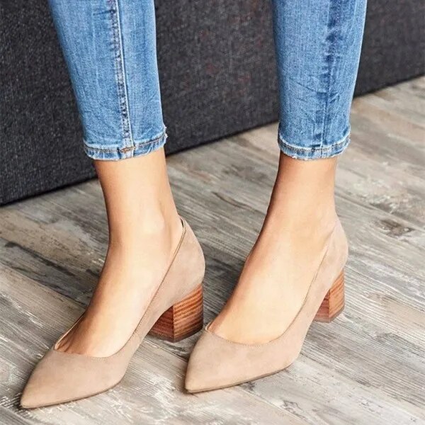 TAAFO Khaki Pointed Toe Suede Block Heels Pumps For Office Ladies