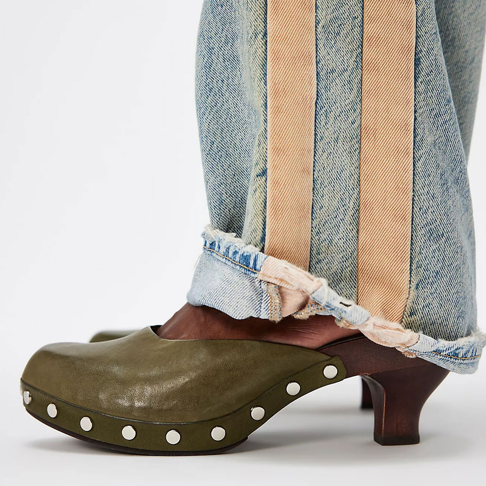 Closed Toe Studded Spool Heel Olive Green Platform Mules for Women Nicepairs