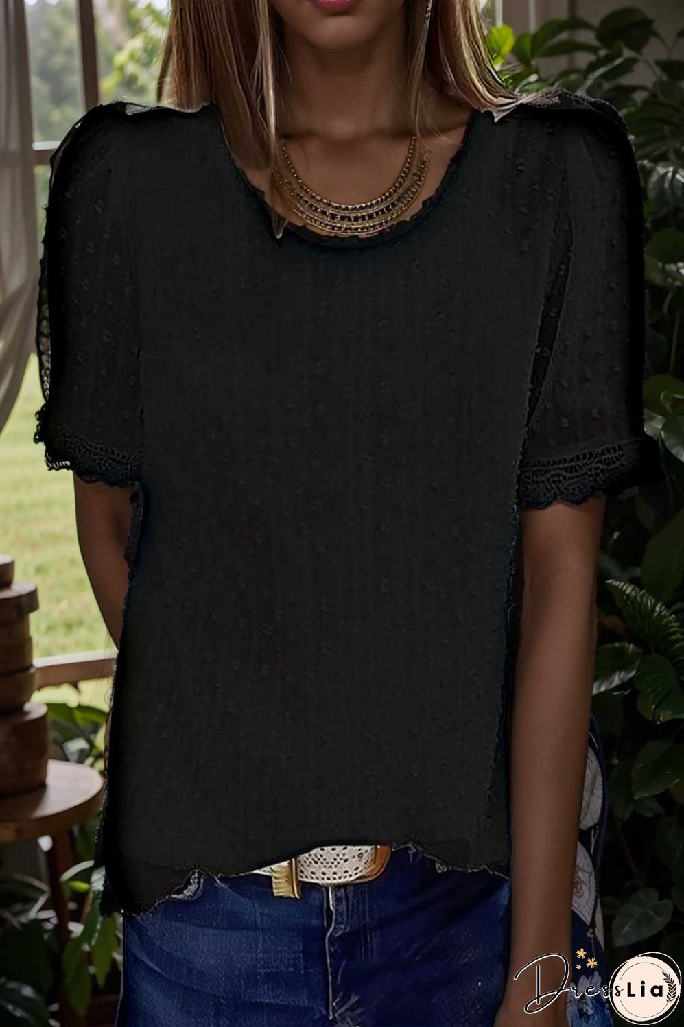 solid chiffon round neck short sleeve top