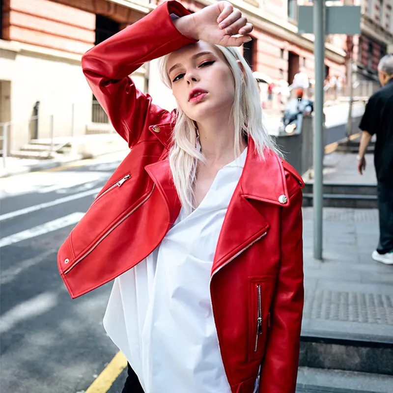FTLZZ Autumn Faux Leather Coat Women Red PU Leather Jacket Women Short Biker Jackets Turn Down Collar Slim Motorcycle Outwear