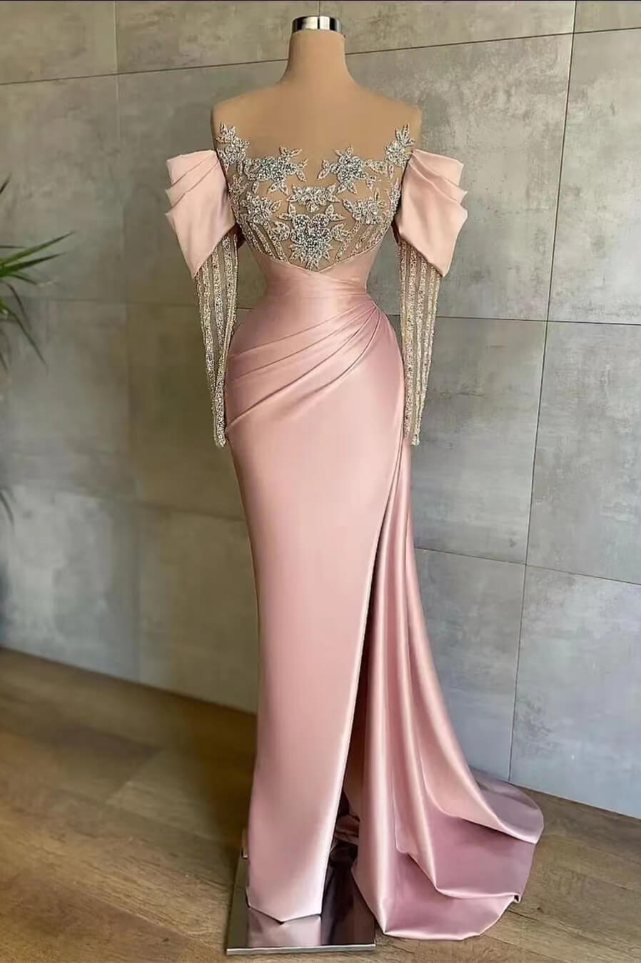 Oknass Pink Front Split Mermaid Long Sleeves Prom Dress Beadings With Appliques Off-The-Shoulder