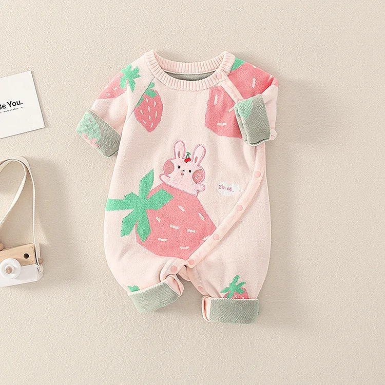 Baby Girl Rabbit and Strawberry Pattern Long Sleeve Knitted Romper