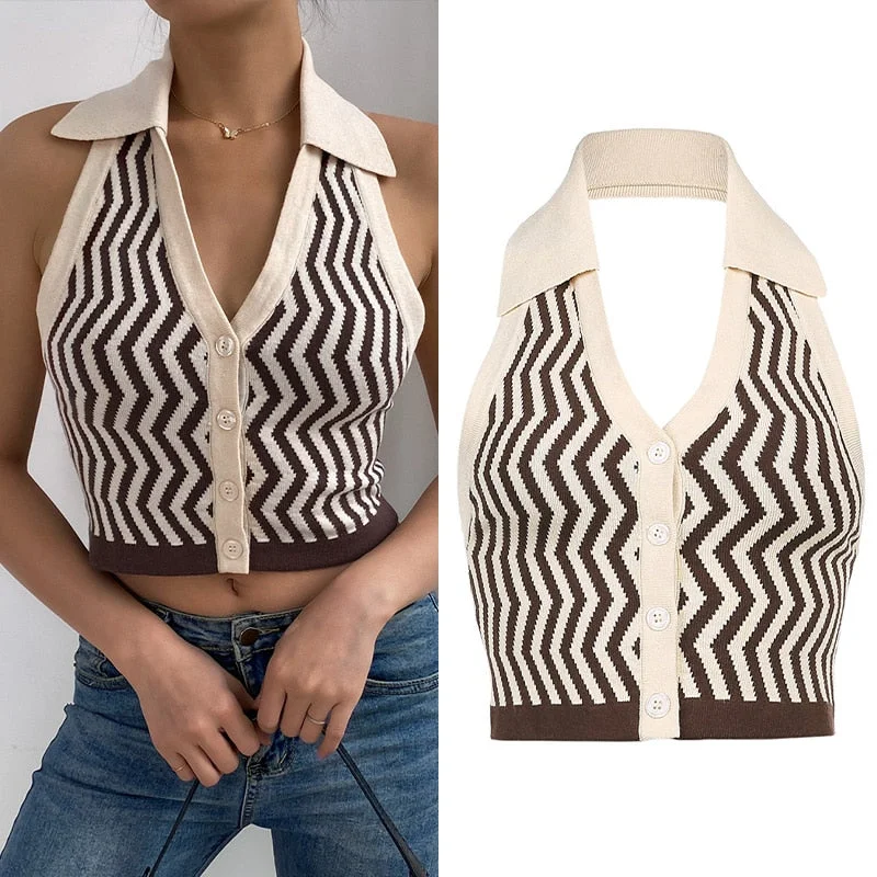 Graduation Gifts  Streetwear Fashion Striped Halter Knitted Vest For Women  Backless Slim Outfits Female Tank Tops 2023 Autumn Ladies
