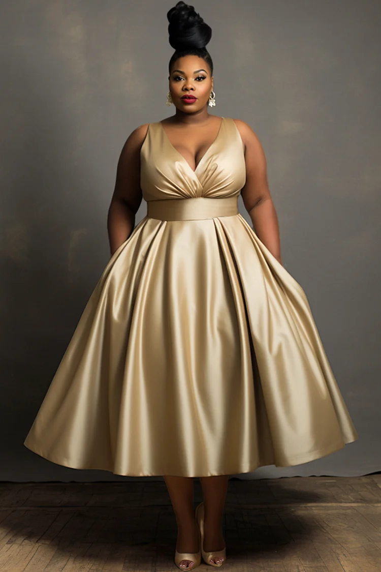 Xpluswear Design Plus Size Wedding Guest Champagne Elegant V Neck Pocket Satin Midi Dresses [Pre-Order] 2024 - Xpluswear