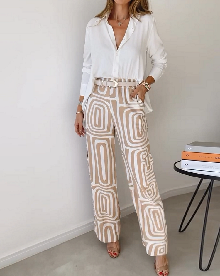 Lapel Long-sleeved Shirt Printed Trousers Two-piece Set Without Belt
