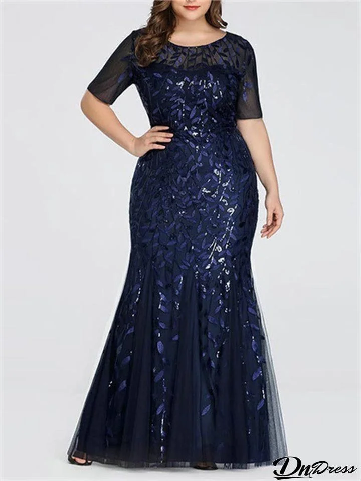 New Elegant Style Plus Size Sequin Design Slim Short Sleeve Evening Dress