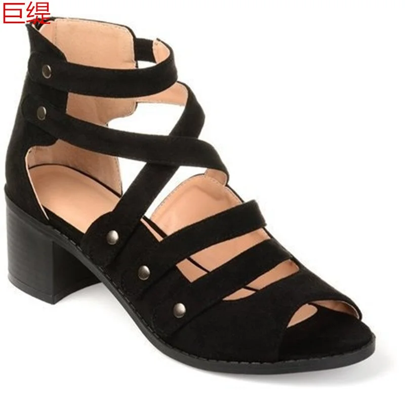 Qengg Sandals Shoes Summer Pumps High Heels Thick Peep Toe Buckle Strap Fashion Hollow Solid Gladiator Plus Size 34-43 sdc3