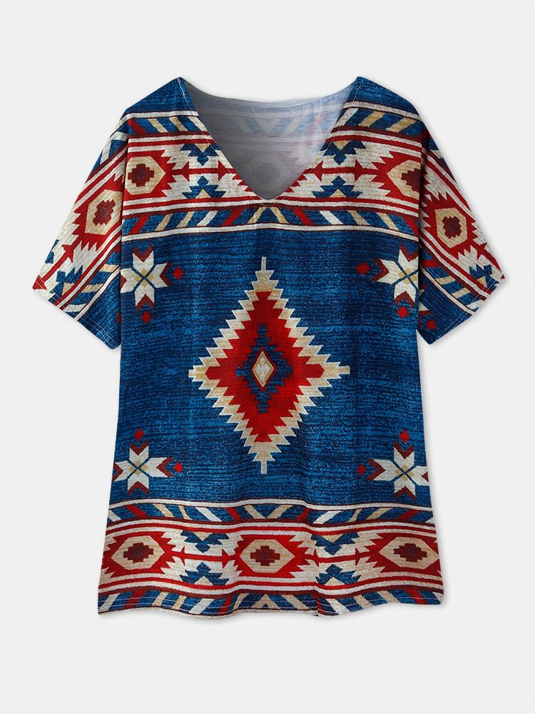 Ethnic Pattern Geometric Print Short Sleeve V neck T shirt P1854341