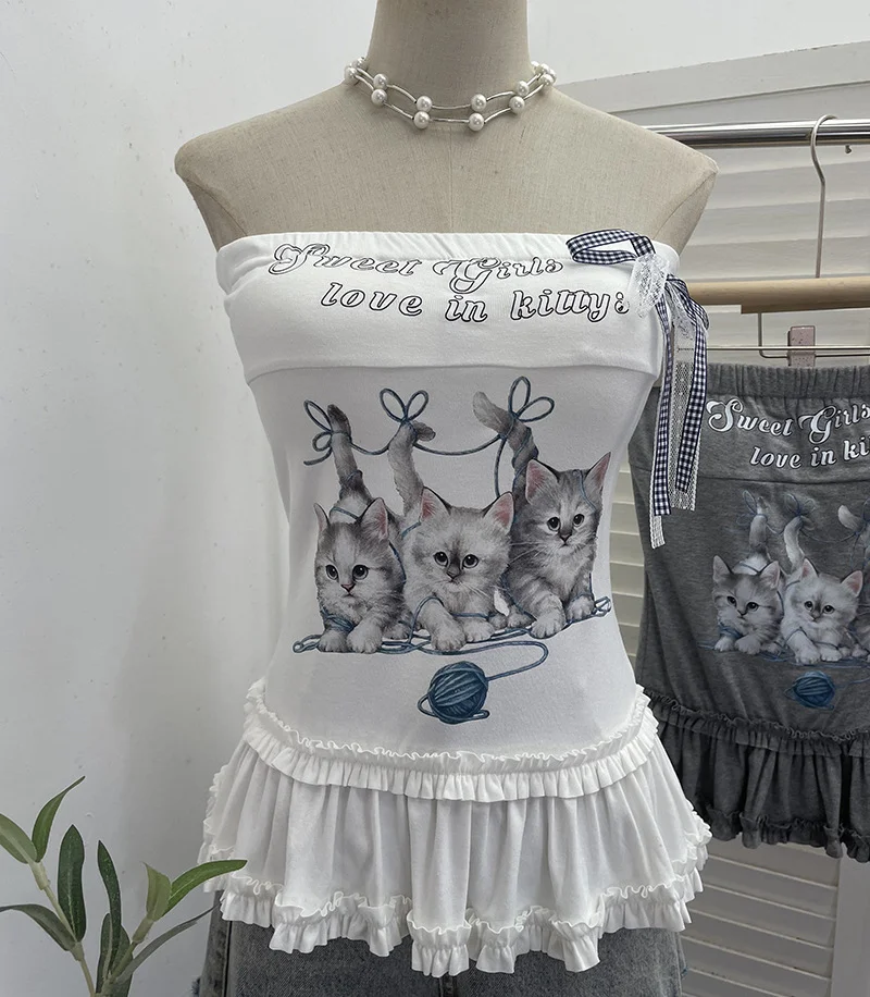 Nigikala Nigikala Kitten Print Bow Sweetheart Hottie With Chest Pads With Chest Bra Vest Wooden Ear Top 1270