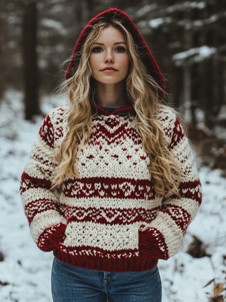 Women's Vintage Viking Valentine's Day Love Jacquard Hooded Sweater