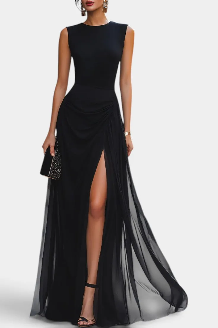 Structured Sleeveless Maxi with Drape & High Slit