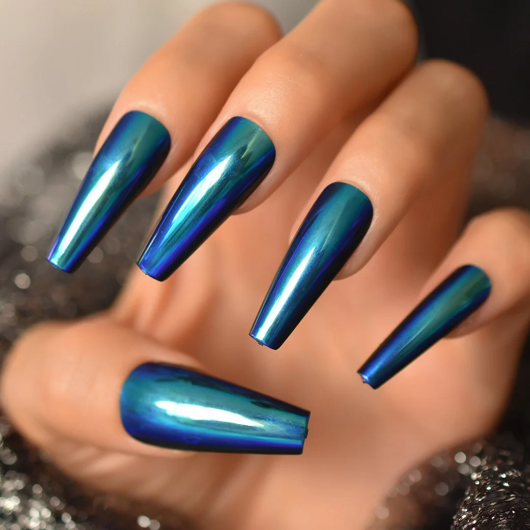 Chrome Diamond Blue Press On Fingernails Metallic Mirror Holo Fake Nails Extra Long Ladies Designed Tips for Finger-Nail Inspo