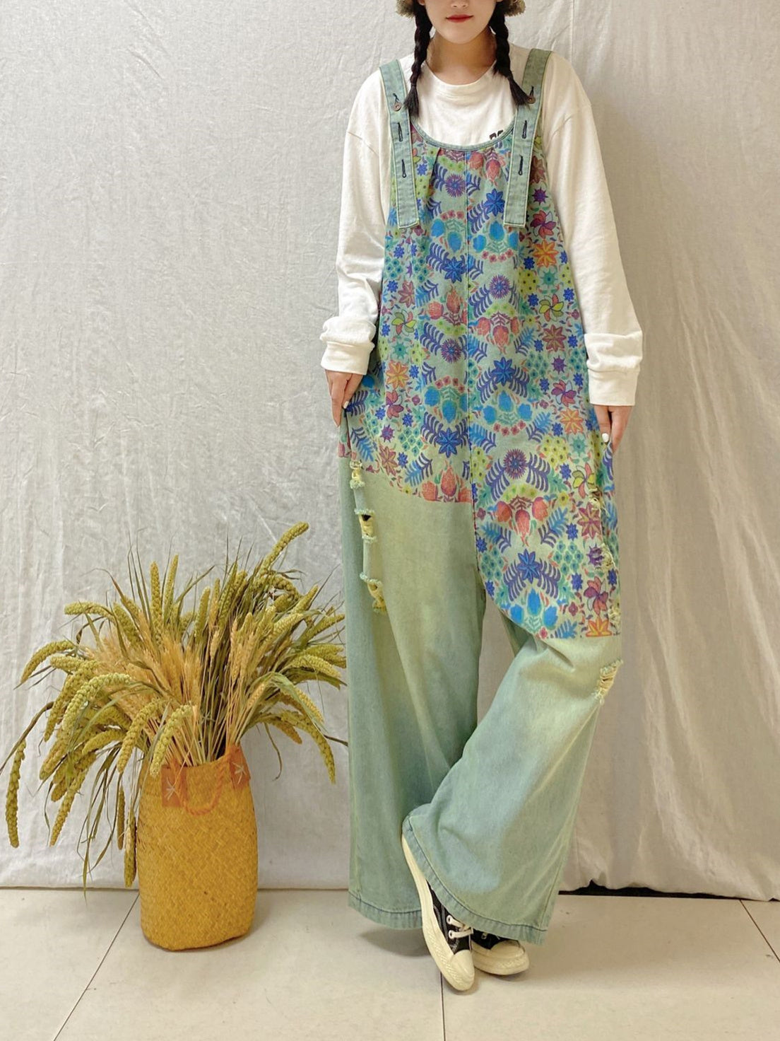 Women's Floral Printed Casual Retro Cropped Workwear Denim Overalls Jumpsuit