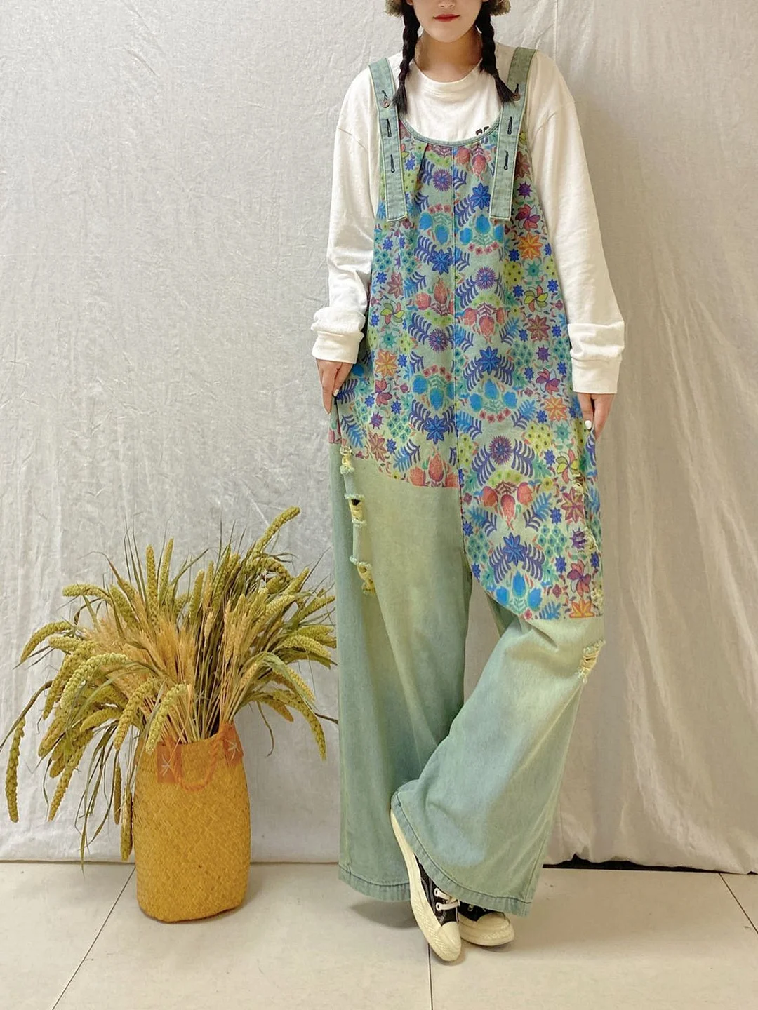 Women's Floral Printed Casual Retro Cropped Workwear Denim Overalls Jumpsuit