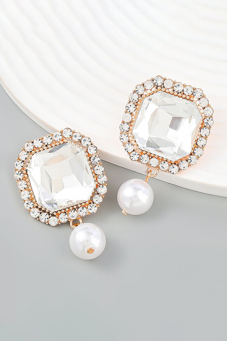 Square Glass Drill Rhinestone Pearl Dangle Earrings