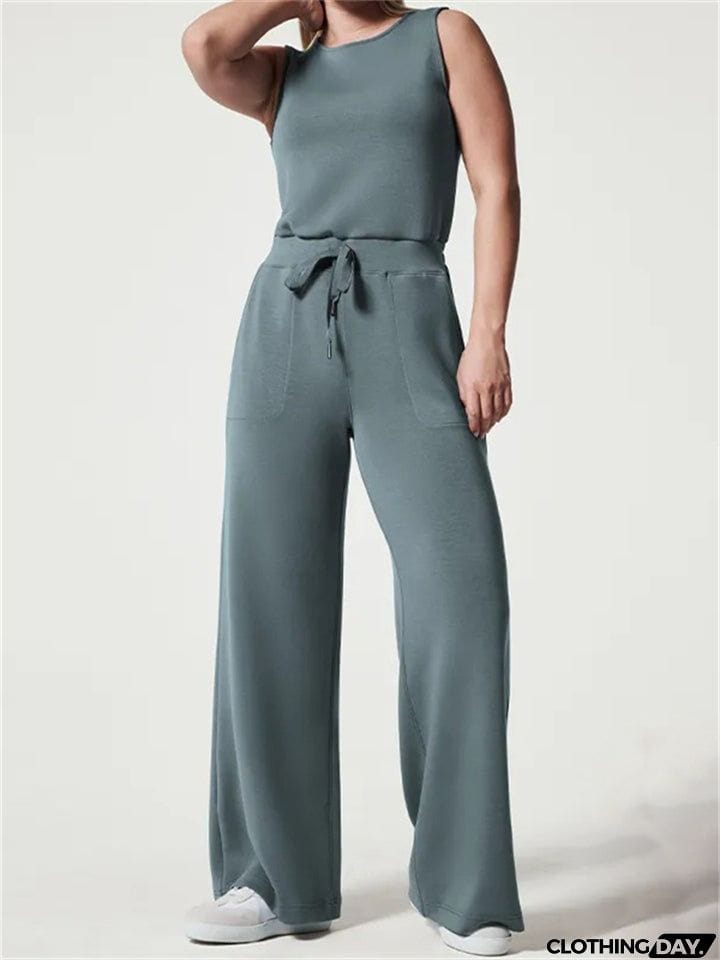 Ladies Summer Relaxed Crew Neck Sleeveless Straight Leg Jumpsuit