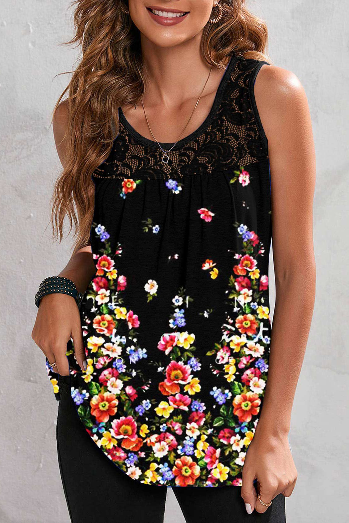 Plus Size Floral Print Lace Stitching Casual Tank Top