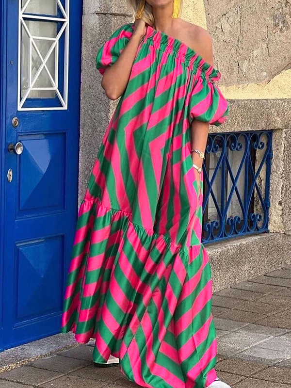 Loose Off Shoulder Print Bell Sleeve Maxi Dress