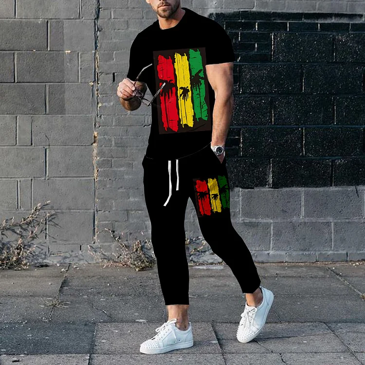 BrosWear Men's Reggae Colorful Love Causal T-Shirt And Pants Co-Ord