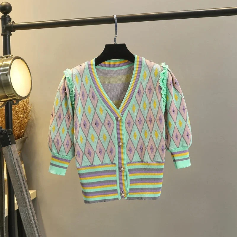 Huiketi Beading Argyle Plaid Knitted Cardigan Top Women Summer Short Sleeve V-Neck Single Breasted Ruffles Sweater Elegant Blusas