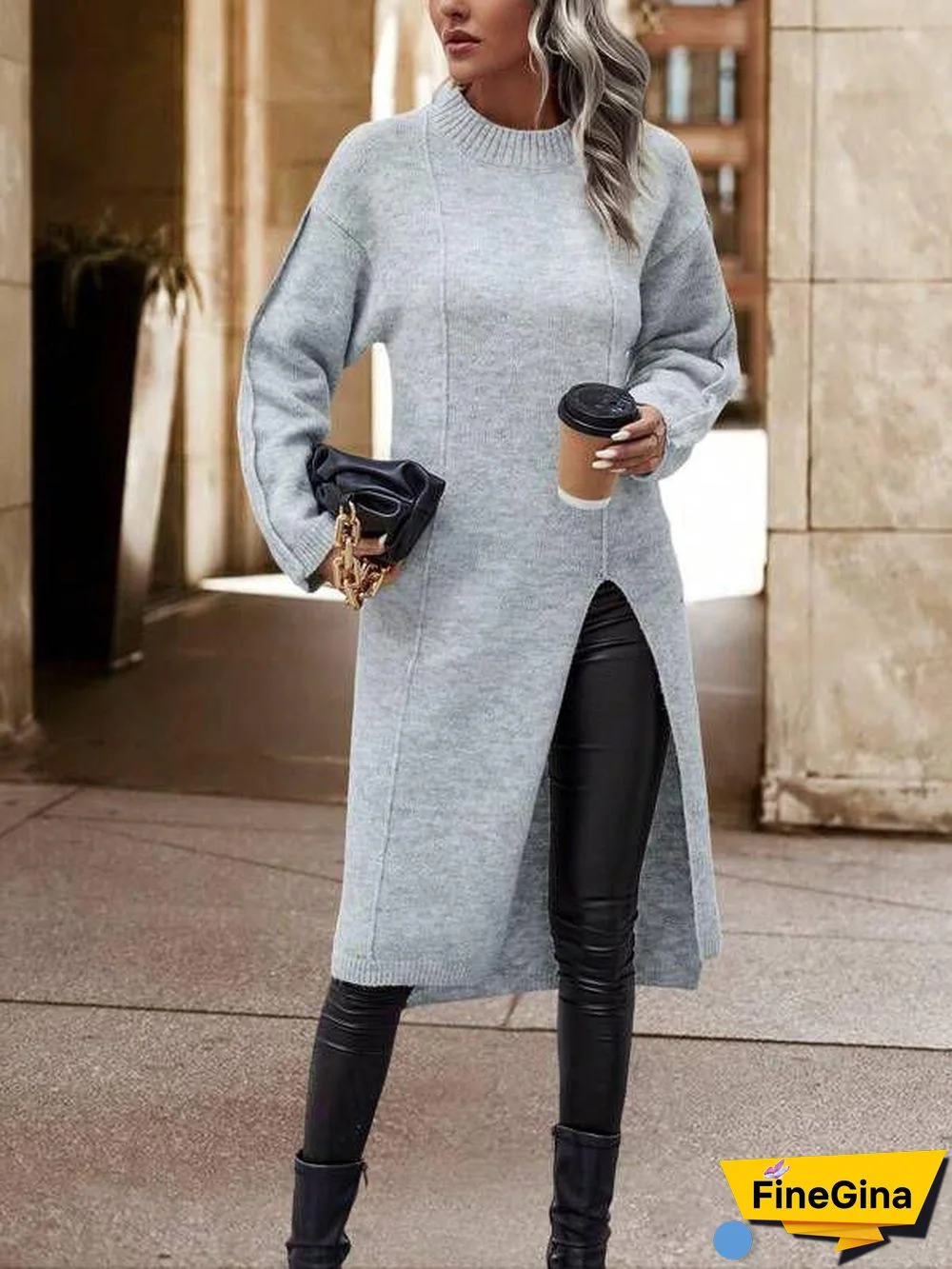 Grey Plain Round Neck Sweater