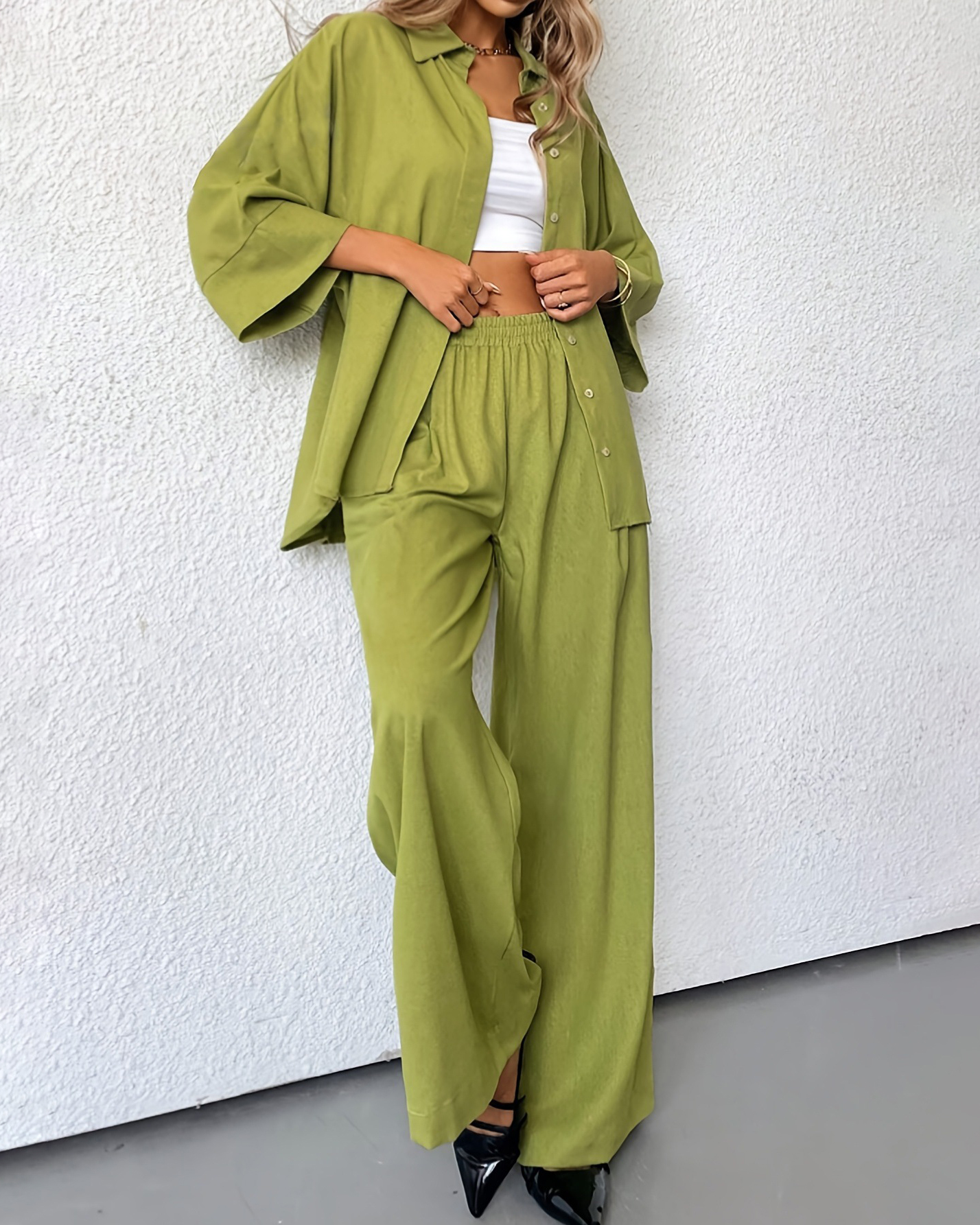 Half Length Sleeve Solid Color Shirt & Wide Leg Pants Set