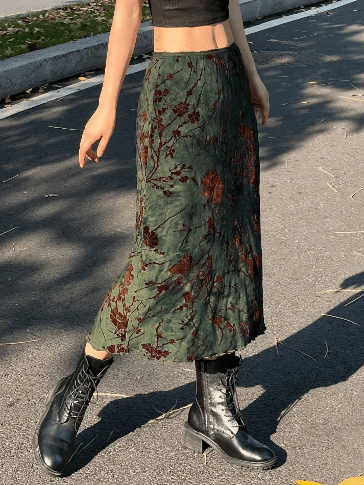 Brownm midi skirt with floral pattern and mesh