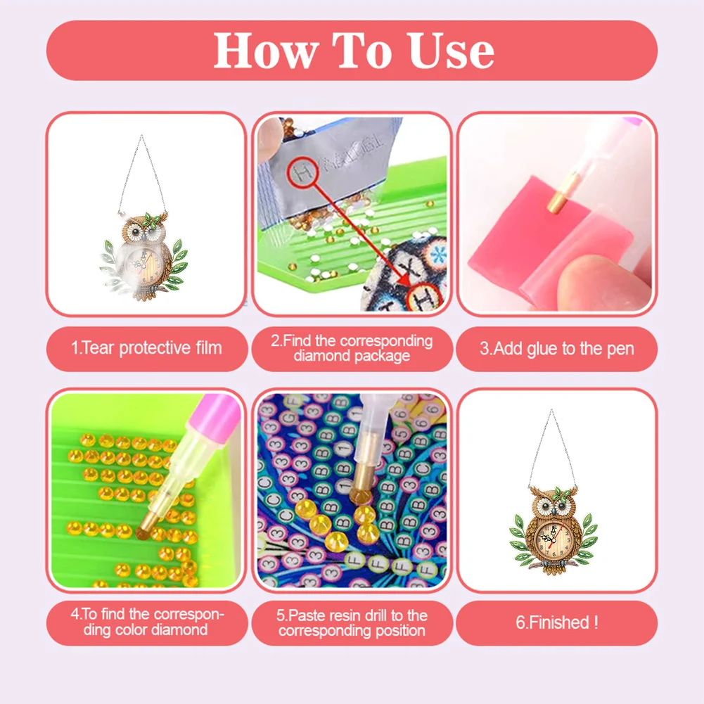 2Pcs Owl DIY Diamond Painting Ornament with Clock Function Home Craft Decor Art