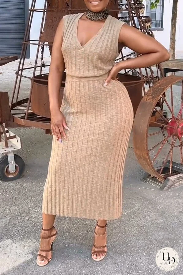 Stylish V-Neck Rib-knit Top & Skirt Set