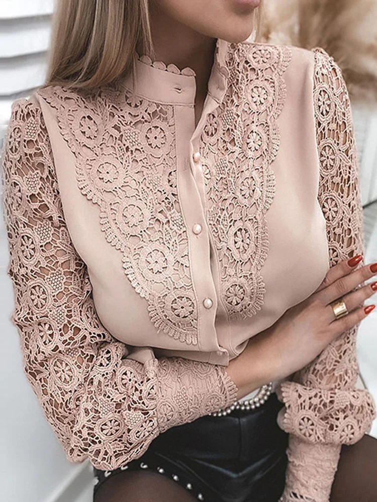 Women's Elegant Collared Lace Patchwork Hollow Out Office Ladies Blouses T-Shirt Tops