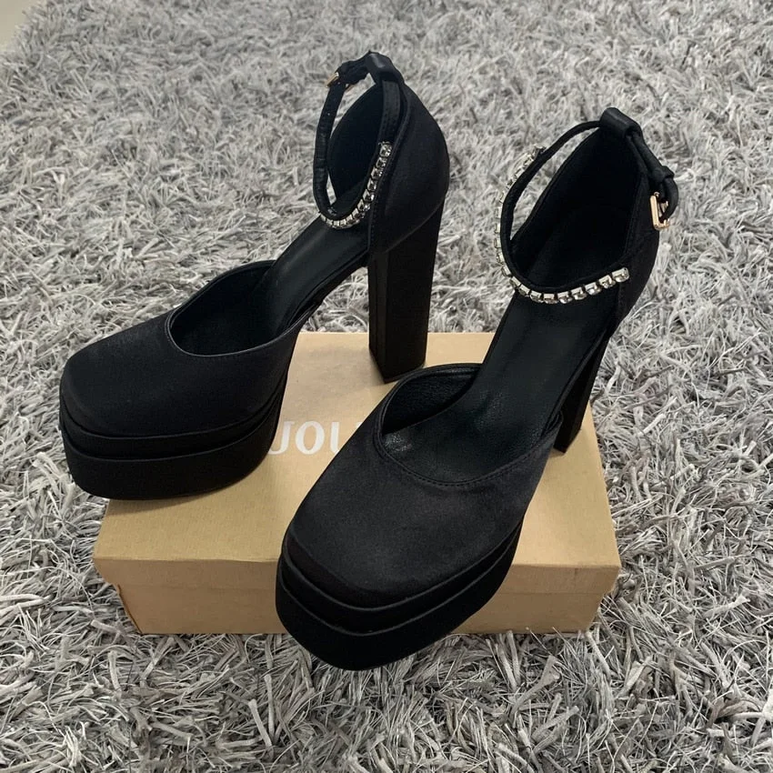 2022 Brand Fashion Women Pumps Sexy Chunky High Heels Sandals Platform Dress Shoes Party Wedding Shoes Woman Buckle Rhinestone